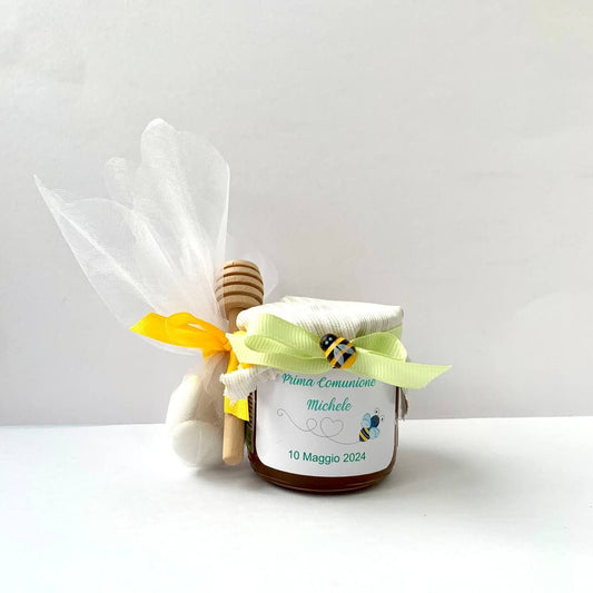 First Communion Favor for Children, Jar of Artisanal Wildflower Honey 50g-140g-250g, Customizable Label