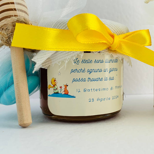 Bomboniere Battesimo bimbo PICCOLO PRINCIPE Barattolino Miele millefiori artigianale 100gr, etichetta personalizzabile gialla