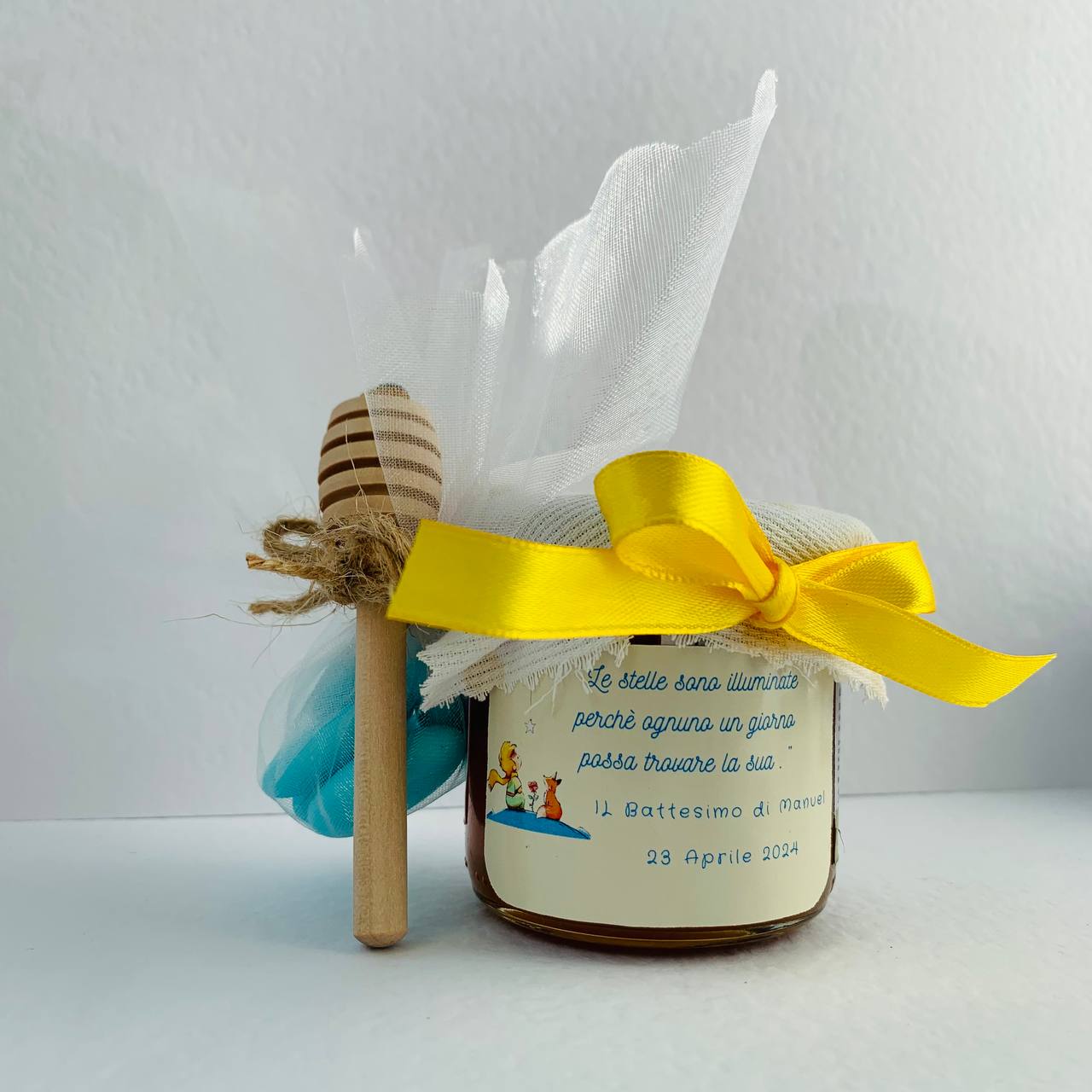 Baptism favors for baby boy LITTLE PRINCE Jar of artisanal wildflower honey 140gr- 250gr, customizable yellow label