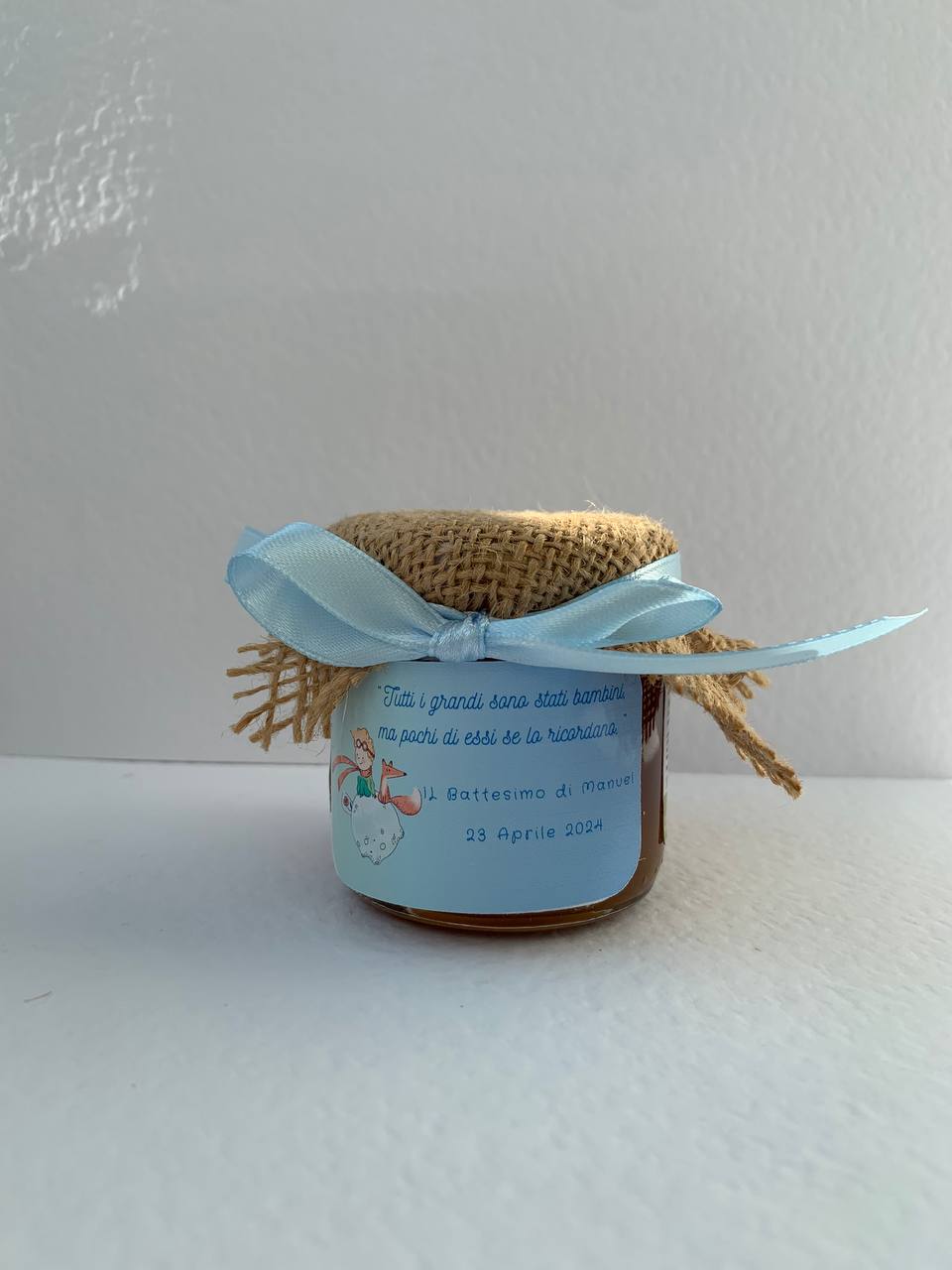 Bonbonnières Baptême Bébé PETIT PRINCE Pot de miel de fleurs sauvages artisanal 140gr - 250gr, étiquette personnalisable bleu clair