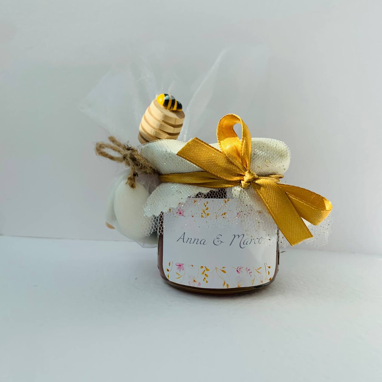 Wedding Favor Jar of artisanal wildflower honey 50 gr-140gr-250 gr, gold and pink color, customizable label