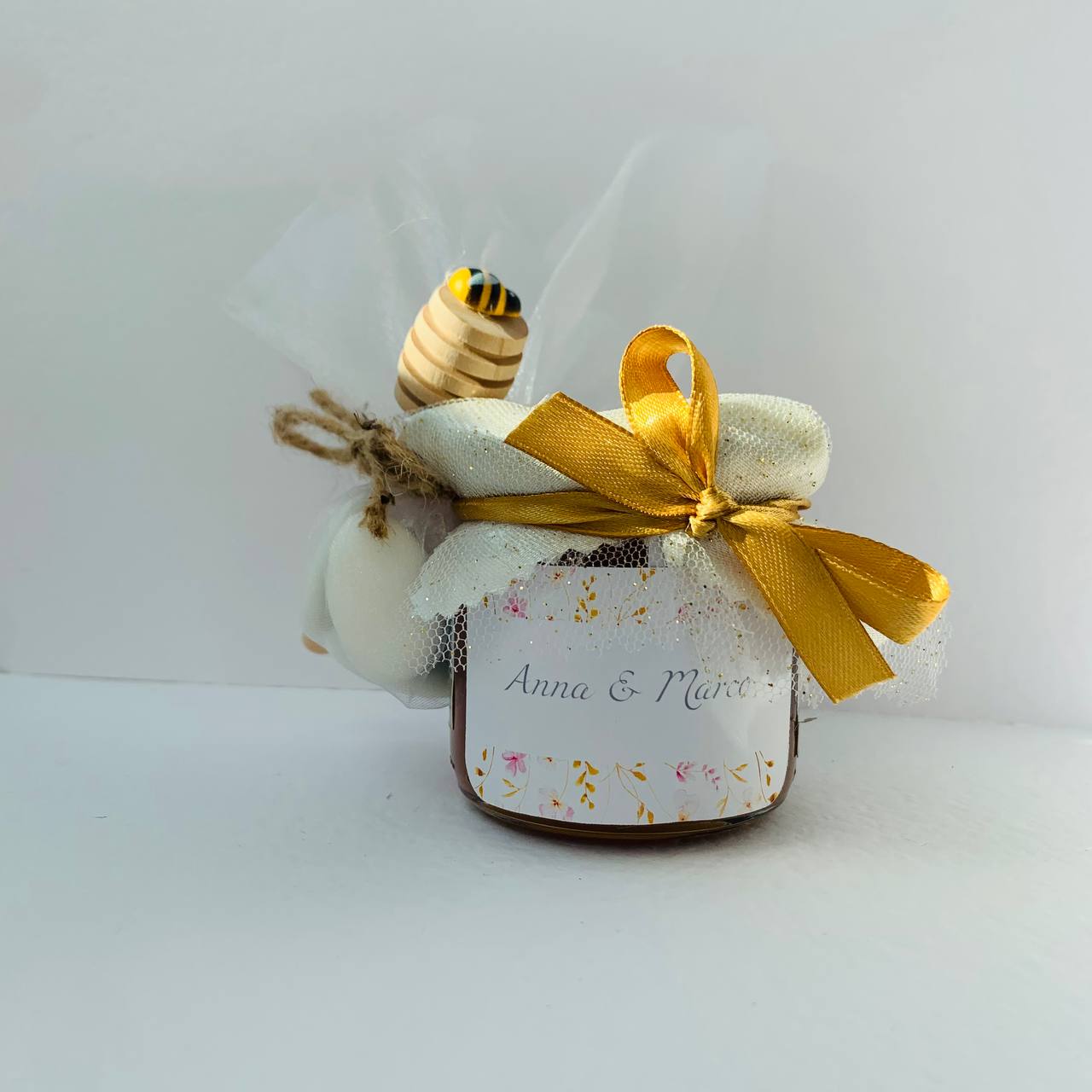 Bomboniera Matrimonio Barattolino Miele millefiori artigianale 50 gr-140gr, color dorato e rosa etichetta personalizzabile