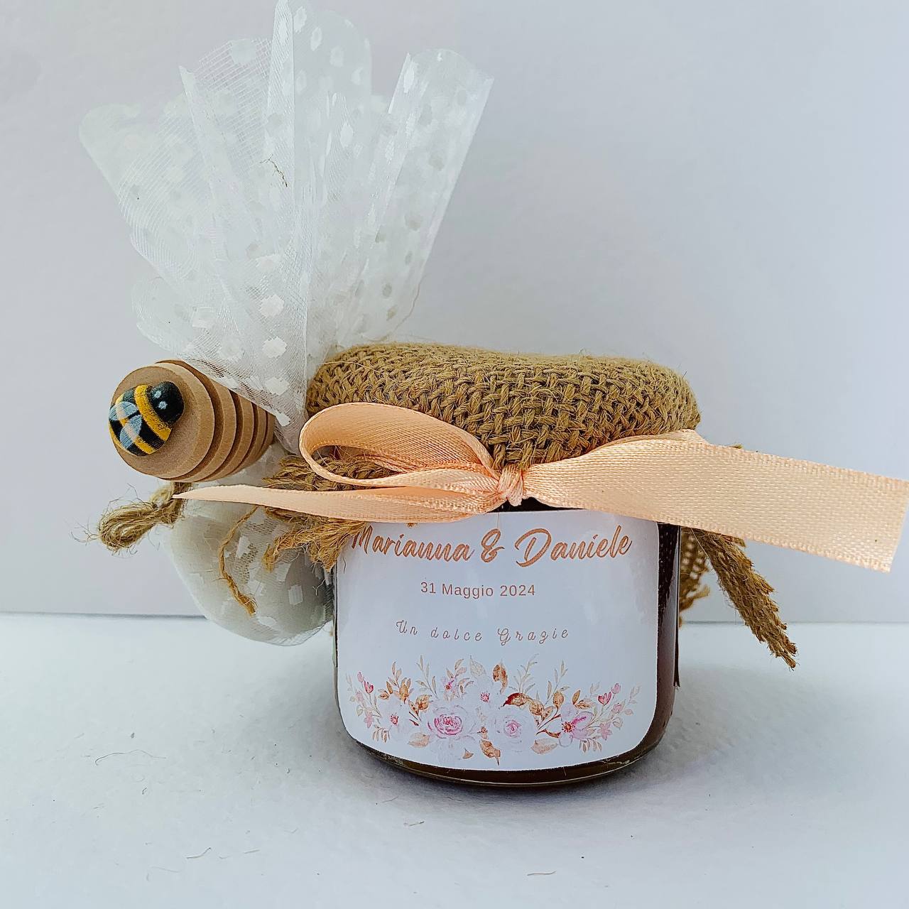 Wedding Favor Jar of artisanal wildflower honey 50 gr-140gr-250 gr, peach color, customizable label