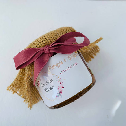 Wedding Favor Jar of handmade wildflower honey 50 gr-140 gr, pink, fuchsia, purple, customizable label