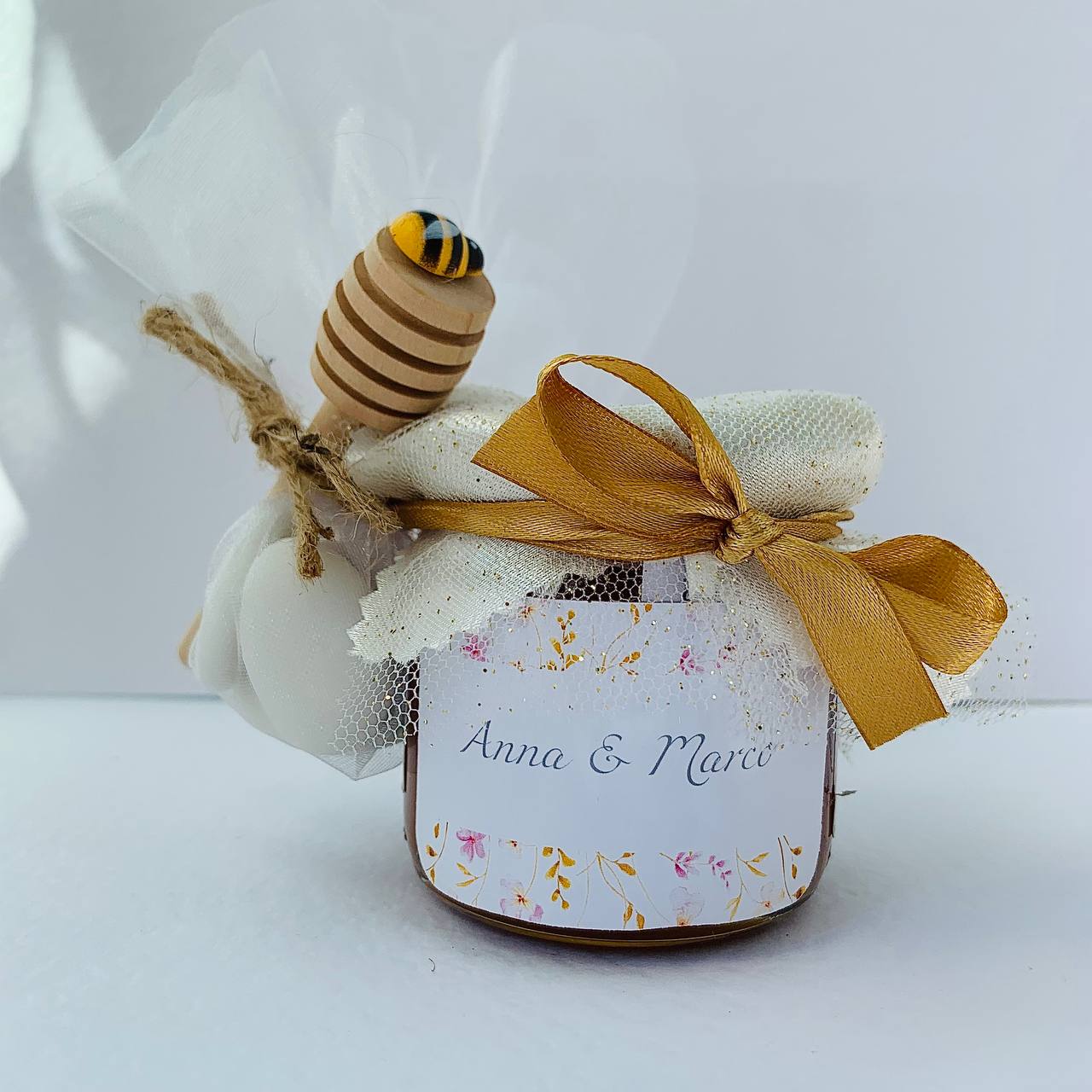 Wedding Favor Jar of artisanal wildflower honey 50 gr-140gr-250 gr, gold and pink color, customizable label