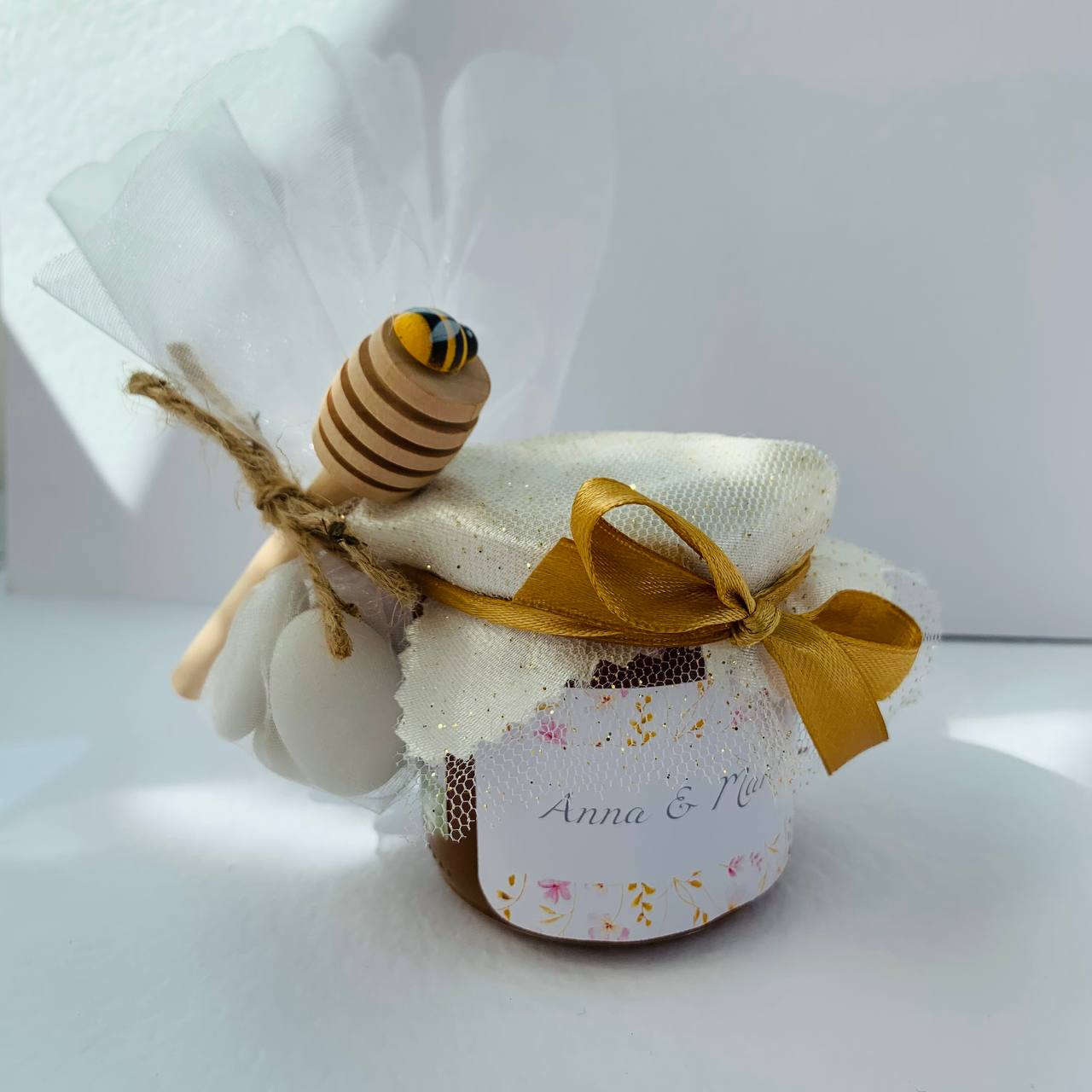 Wedding Favor Jar of artisanal wildflower honey 50 gr-140gr-250 gr, gold and pink color, customizable label