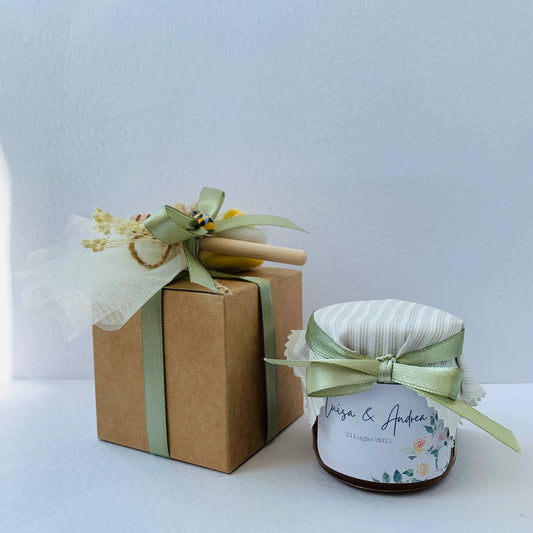 Wedding Favor Jar of artisanal wildflower honey 50 gr-140gr-250gr, sage green color, customizable label