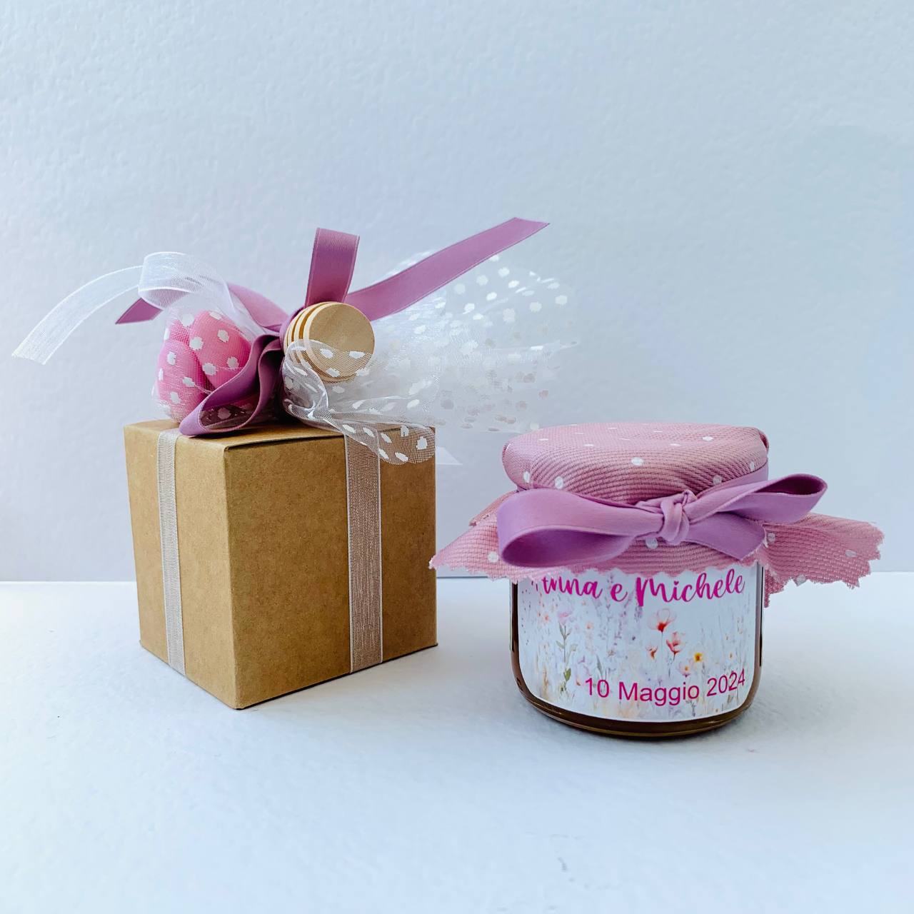Bomboniera Matrimonio Barattolino Miele millefiori artigianale 50 gr-140gr, color rosa, fucsia, porpora,  etichetta personalizzabile