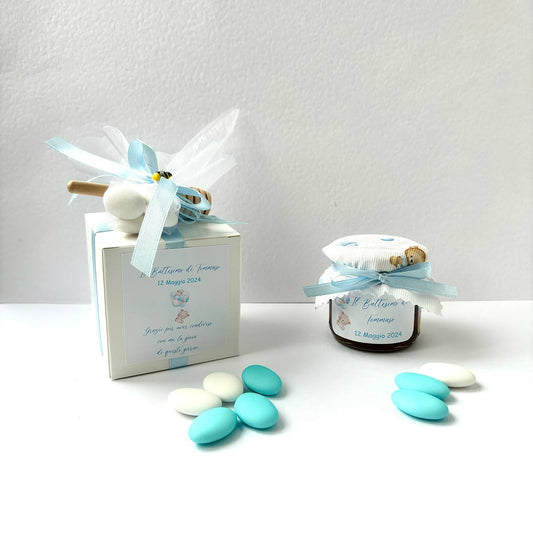 Baptism Favors Jar of artisanal wildflower honey 140gr with a teddy bear theme