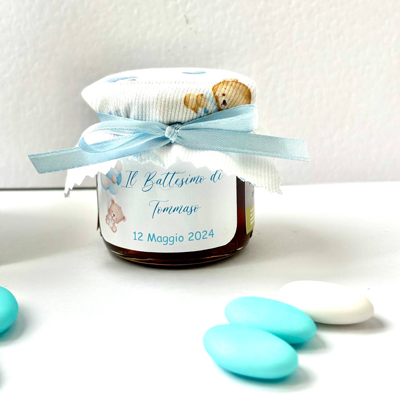 Baptism Favors Jar of artisanal wildflower honey 140gr with a teddy bear theme