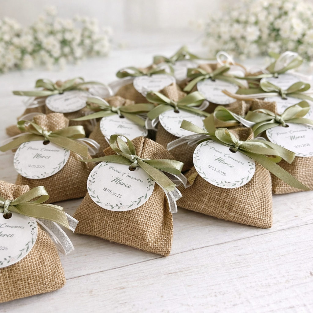 Sachet confettis pour Naissances et Baptêmes avec étiquette cheval à bascule personnalisée