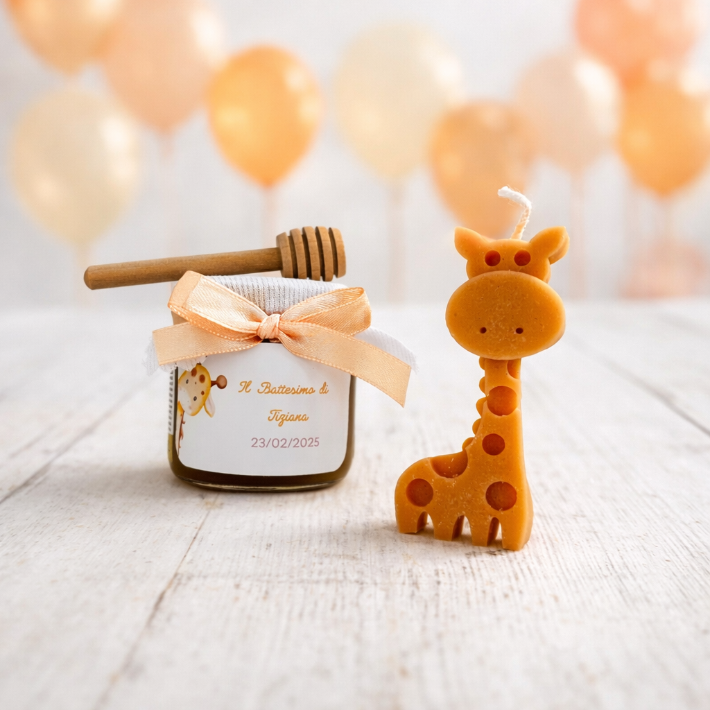 Bomboniera Battesimo cofanetto a tema Giraffa con Miele 50gr /140 gr e Candela profumata