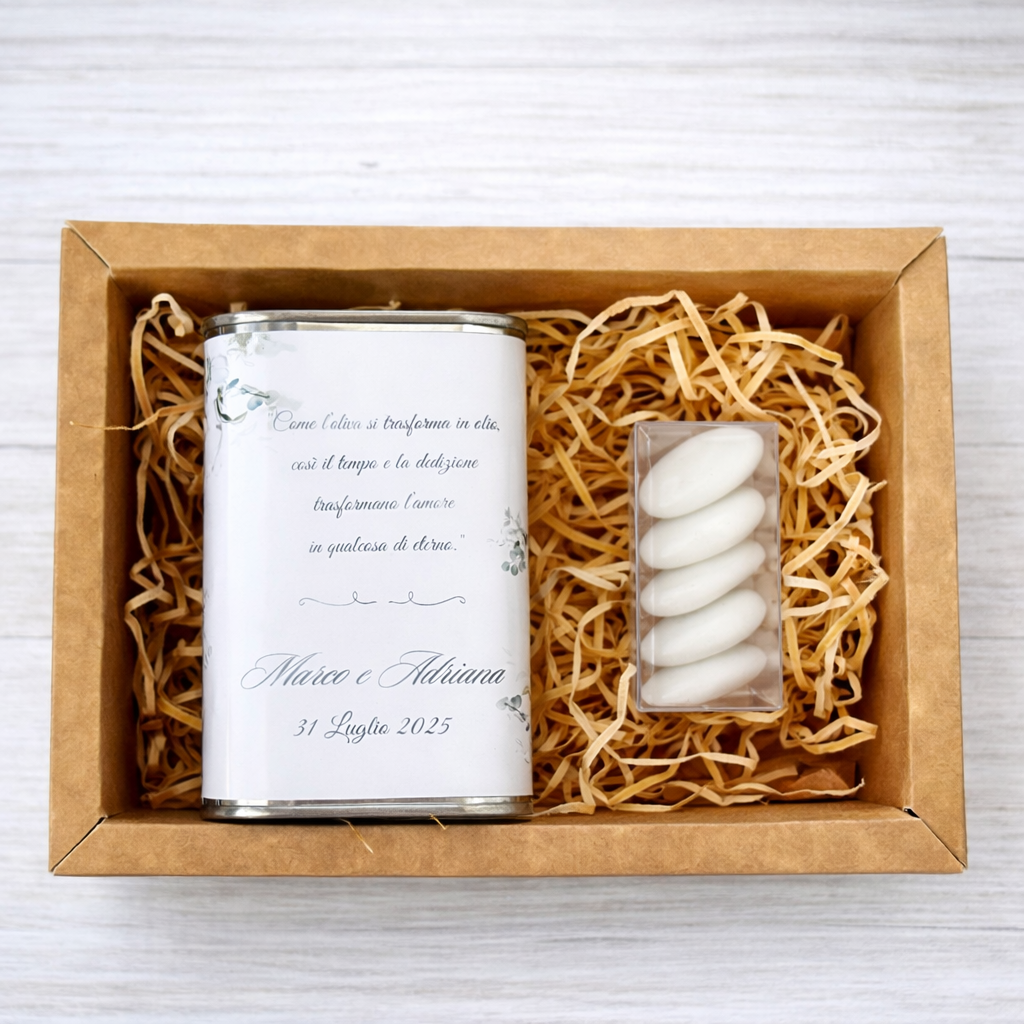Bomboniera Cofanetto con Latta di Olio EVO Pugliese da 175ml o 250ml con etichetta personalizzabile con confetti