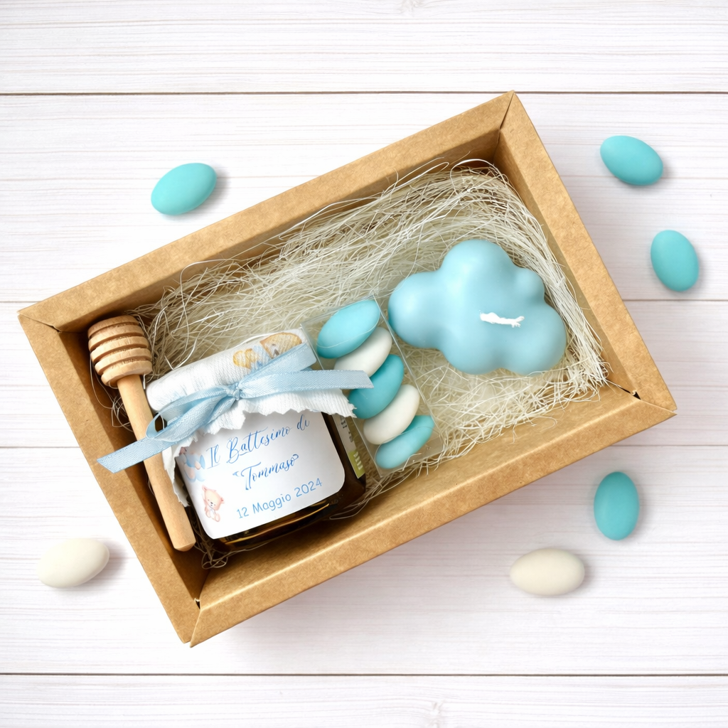 Coffret baptême avec 140g de miel et bougie parfumée nuage