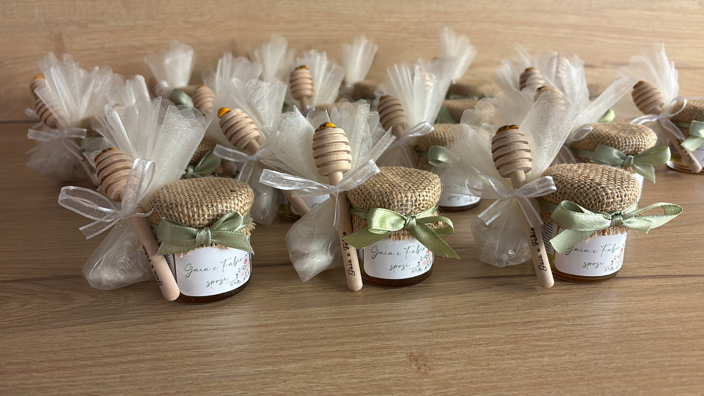 Wedding Favor Jar of artisanal wildflower honey 50 gr-140gr-250 gr, white and antique pink color, customizable label