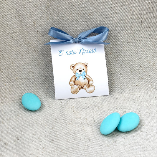 1 tulle sweets bag with customizable baby tag for birth and baptism, light blue sweets