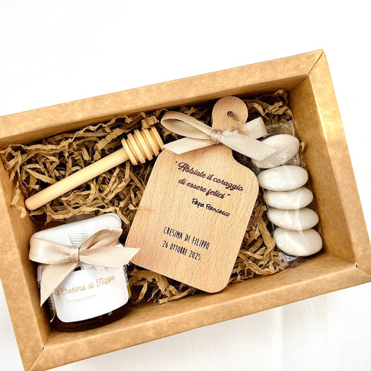 Baptism favor box with 140 gr honey and scented cloud candle
