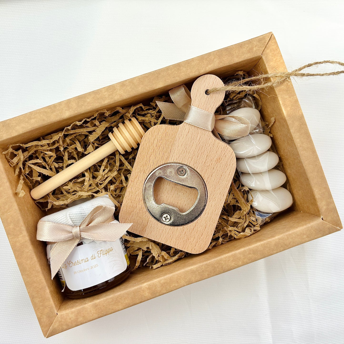 Baptism favor box with 140 gr honey and scented cloud candle