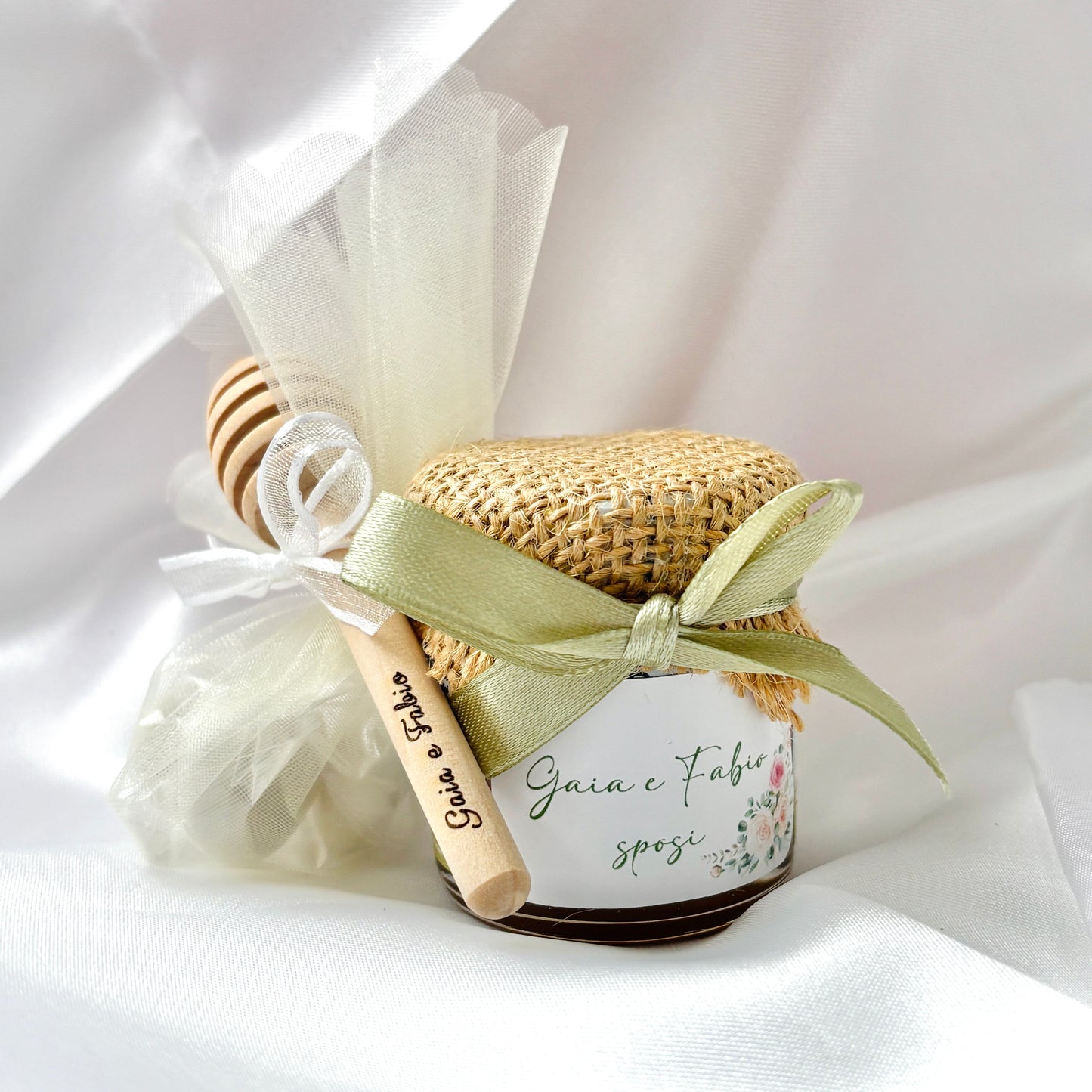 Wedding Favor Jar of artisanal wildflower honey 50 gr-140gr-250 gr, white and antique pink color, customizable label
