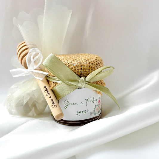 Wedding Favor Jar of artisanal wildflower honey 50 gr-140gr-250 gr, white and antique pink color, customizable label