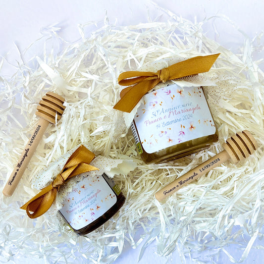 Wedding Favor Jar of artisanal wildflower honey 50 gr-140gr-250 gr, gold and pink color, customizable label
