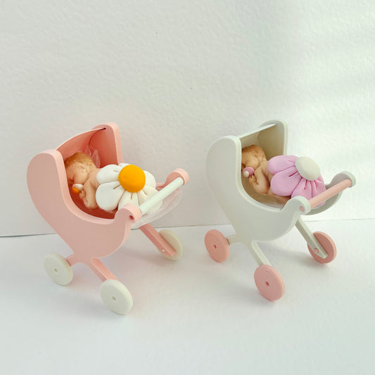 Baptism favor for girls/baby in pink or light blue fimo in the pram