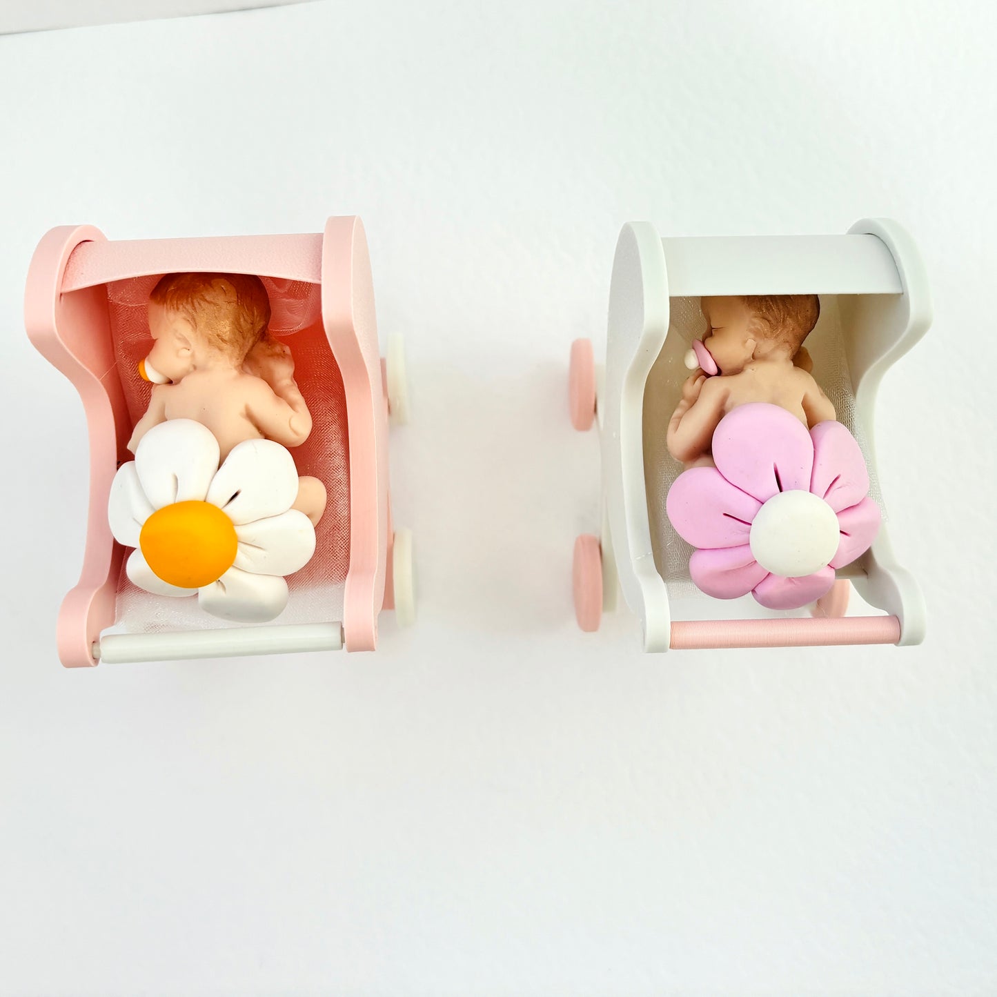 Baptism favor for girls/baby in pink or light blue fimo in the pram