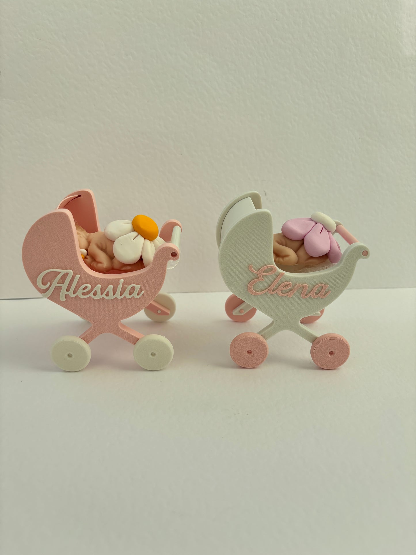 Baptism favor for girls/baby in pink or light blue fimo in the pram