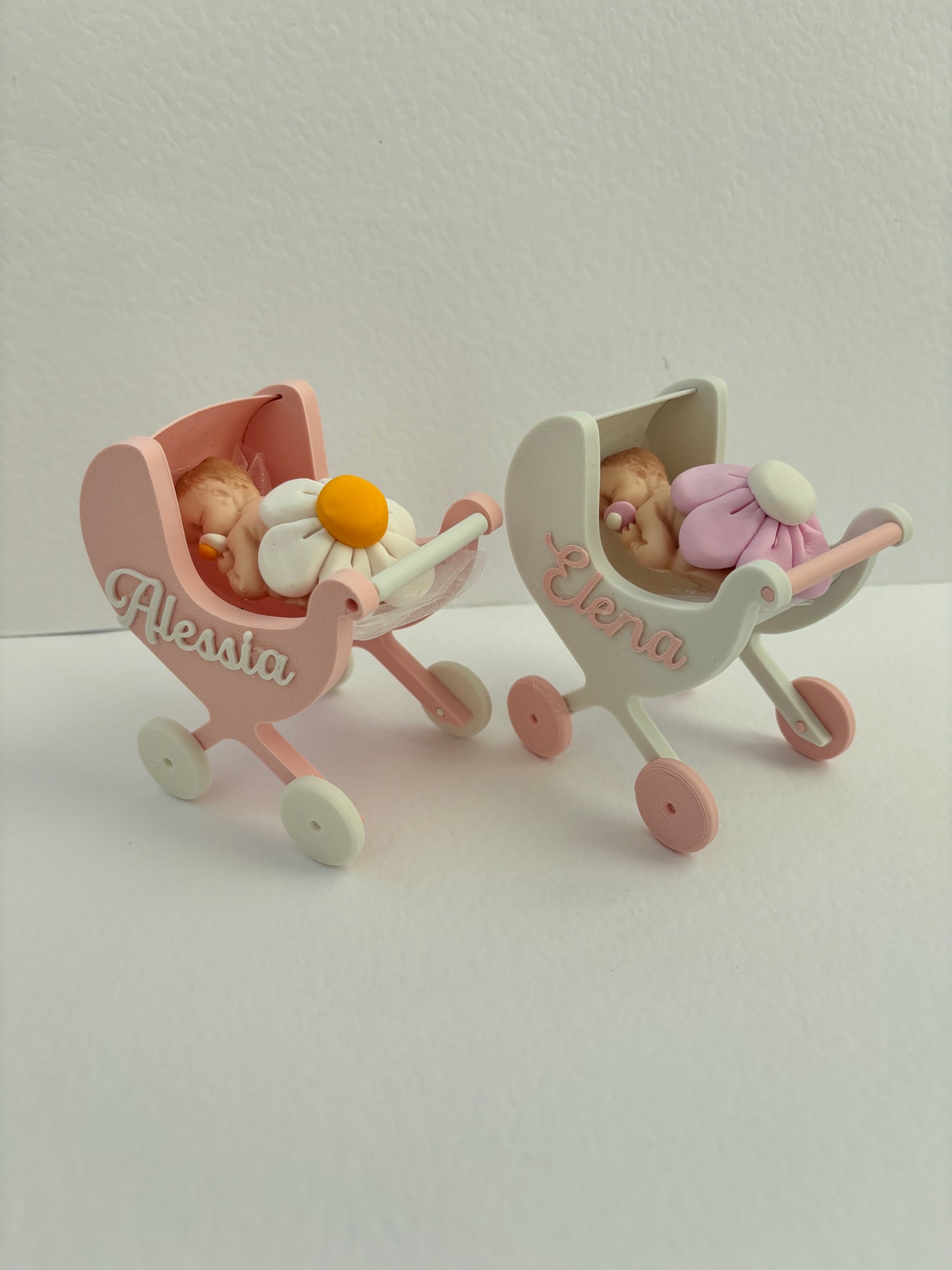 Baptism favor for girls/baby in pink or light blue fimo in the pram