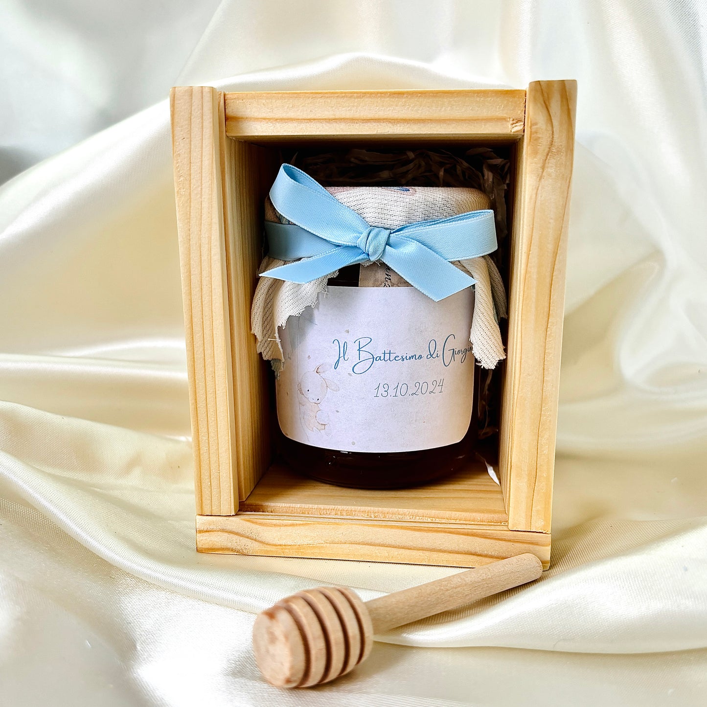 Wooden Box for Baptism Jar of Millefiori Honey - Acacia - Chestnut handcrafted 250gr