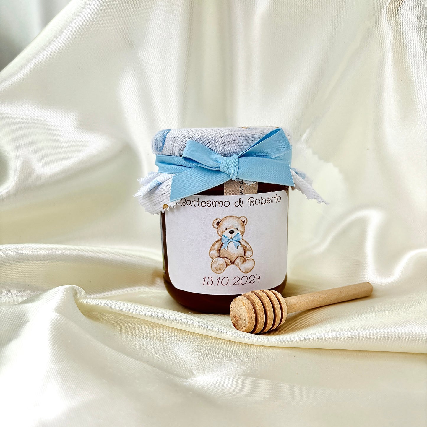 Wooden Box for Baptism Jar of Millefiori Honey - Acacia - Chestnut handcrafted 250gr