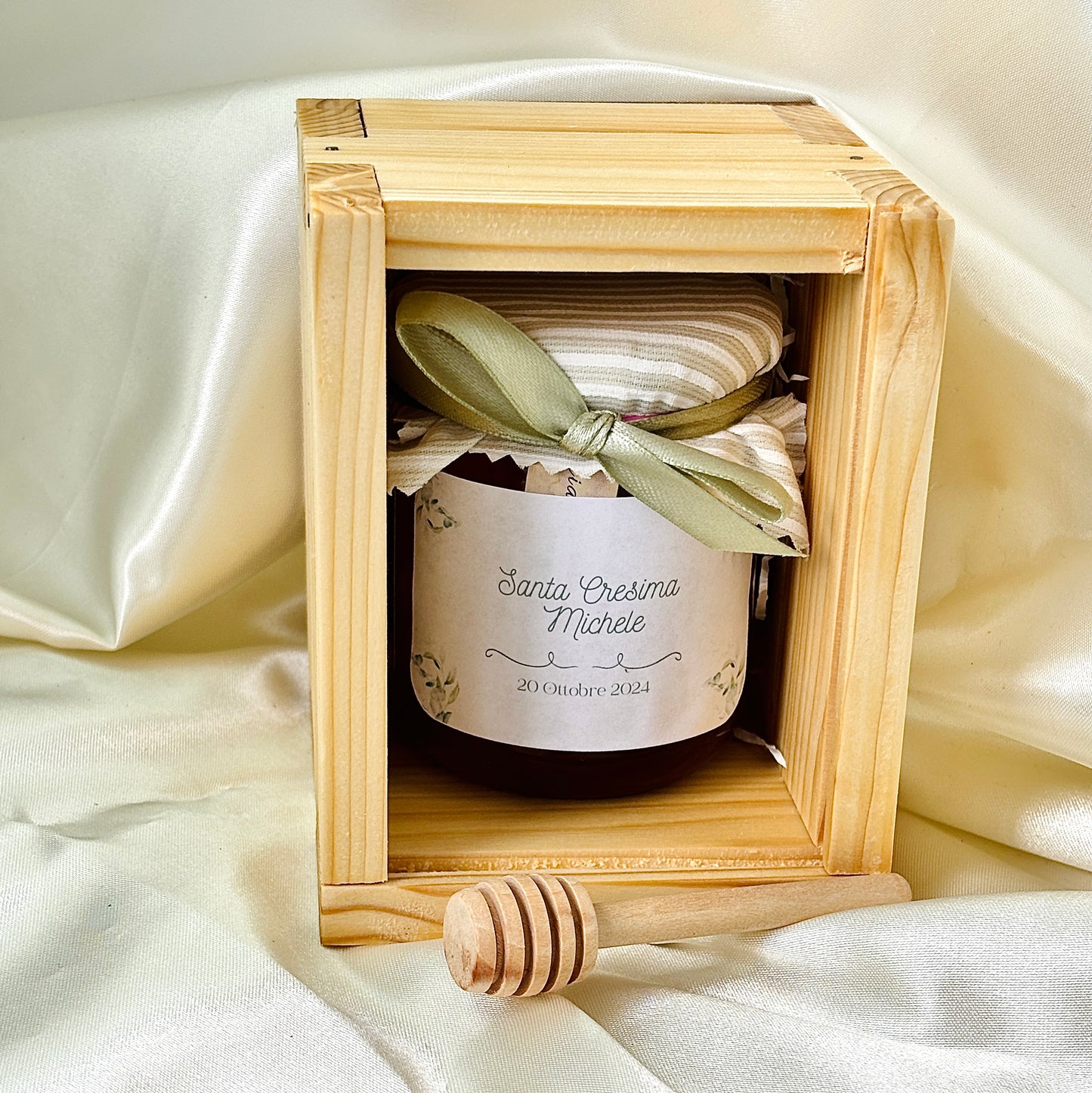 Wooden Box for Baptism Jar of Millefiori Honey - Acacia - Chestnut handcrafted 250gr