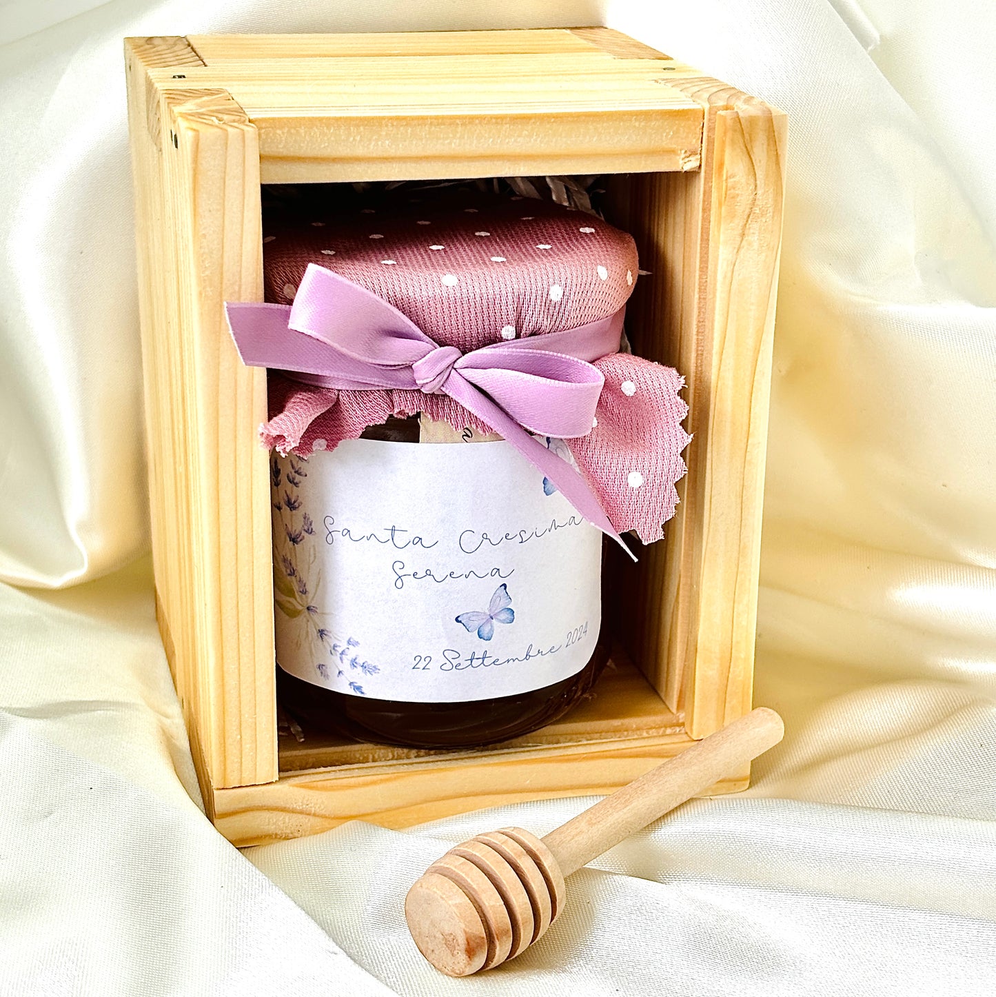 Wooden Box for Baptism Jar of Millefiori Honey - Acacia - Chestnut handcrafted 250gr
