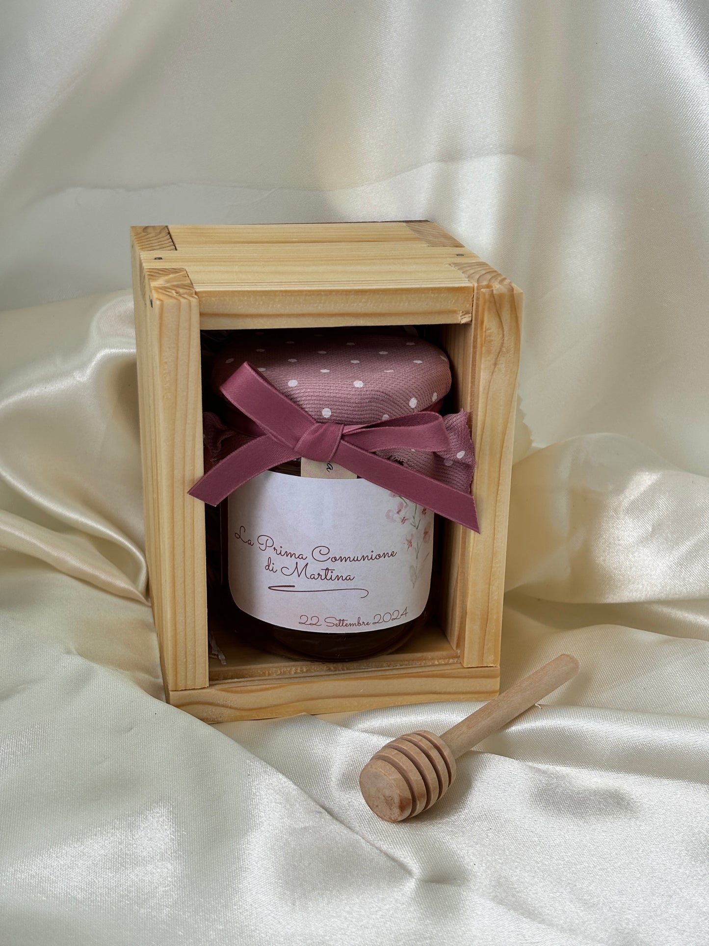 Wooden Box for Baptism Jar of Millefiori Honey - Acacia - Chestnut handcrafted 250gr