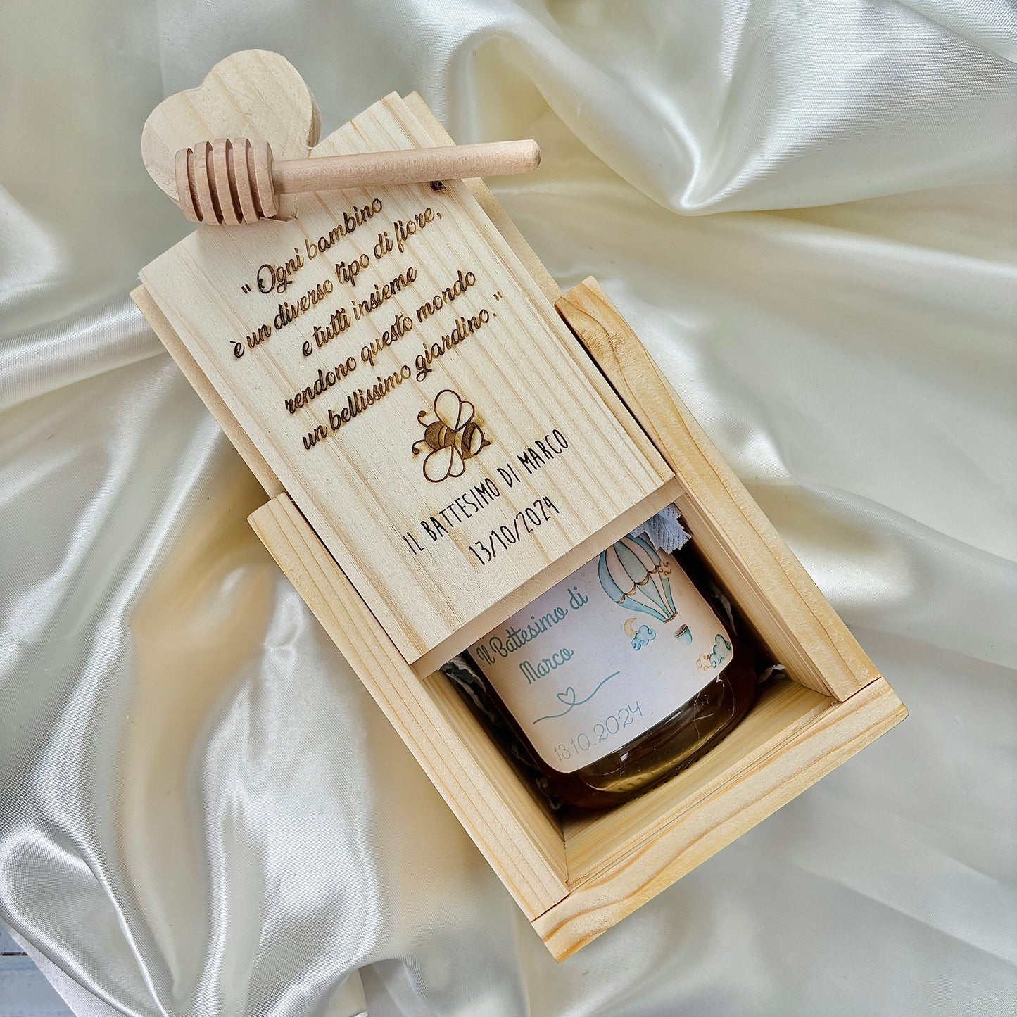 Wooden Box for Baptism Jar of Millefiori Honey - Acacia - Chestnut handcrafted 250gr