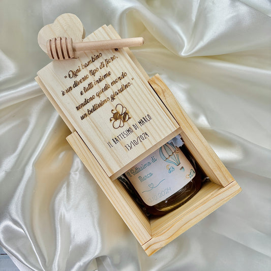 Wooden Box for Baptism Jar of Millefiori Honey - Acacia - Chestnut handcrafted 250gr