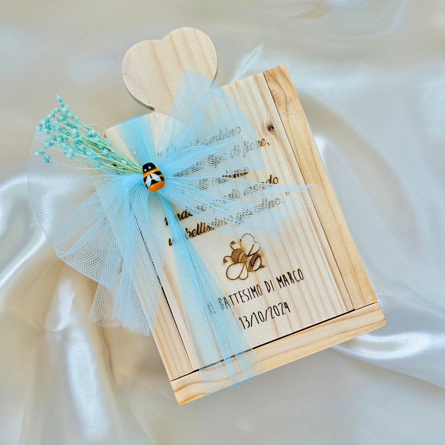 Wooden Box for Baptism Jar of Millefiori Honey - Acacia - Chestnut handcrafted 250gr