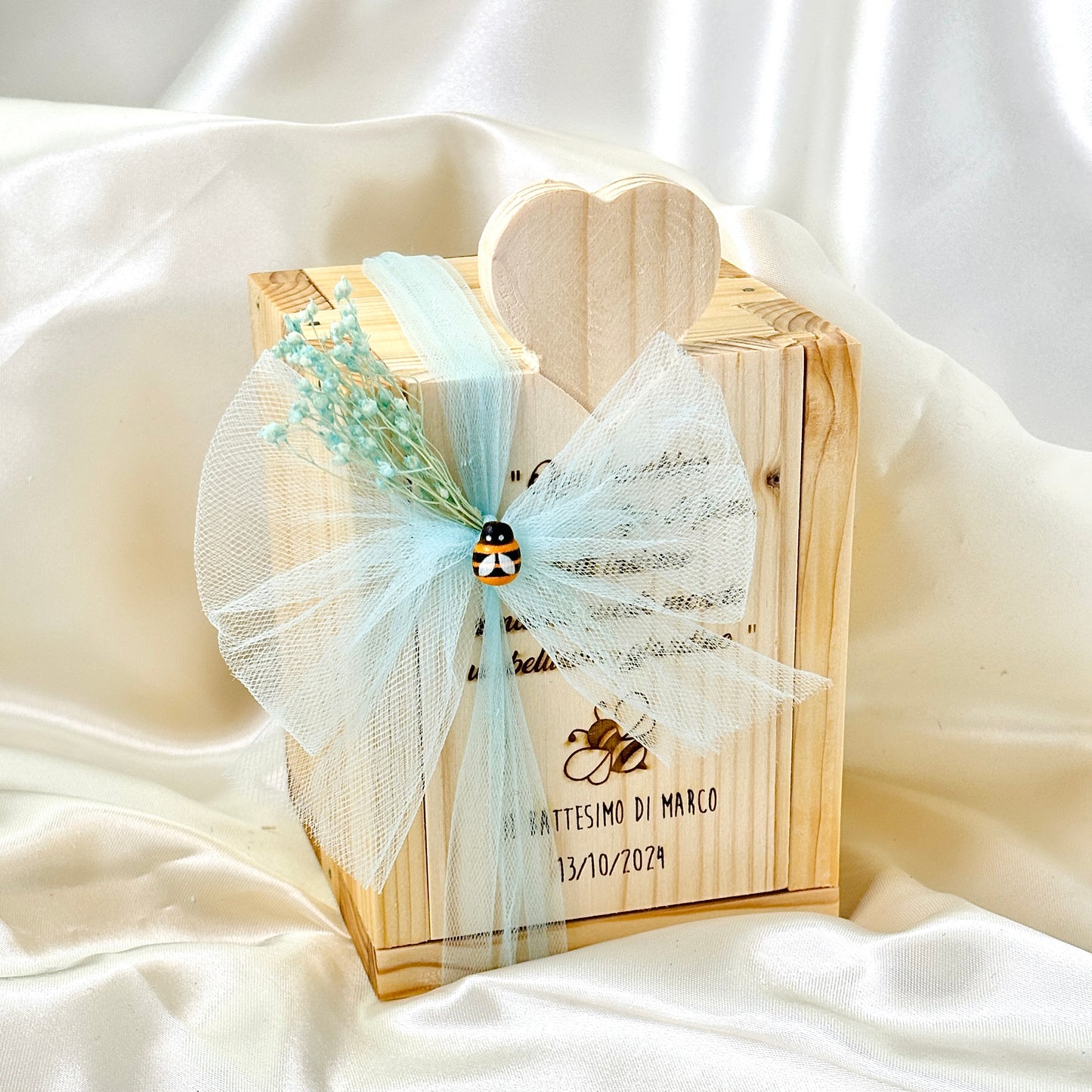 Wooden Box for Baptism Jar of Millefiori Honey - Acacia - Chestnut handcrafted 250gr