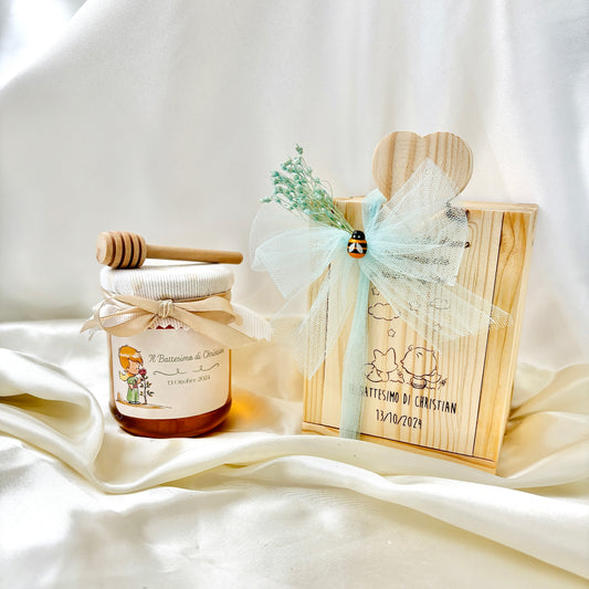Wooden Box LITTLE PRINCE Theme for Baptism Jar of Millefiori Honey - Acacia - Chestnut handcrafted 250gr