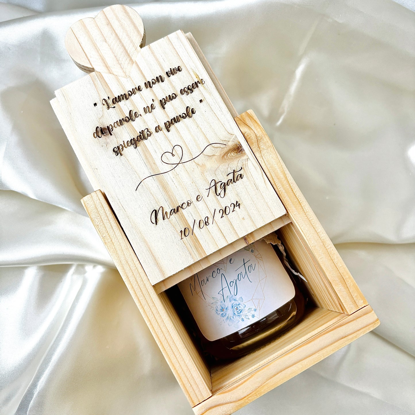 Wooden Box for Wedding Honey Jar Millefiori - Acacia - Chestnut handcrafted 250gr