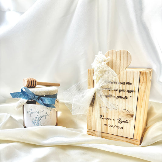 Wooden Box for Wedding Honey Jar Millefiori - Acacia - Chestnut handcrafted 250gr