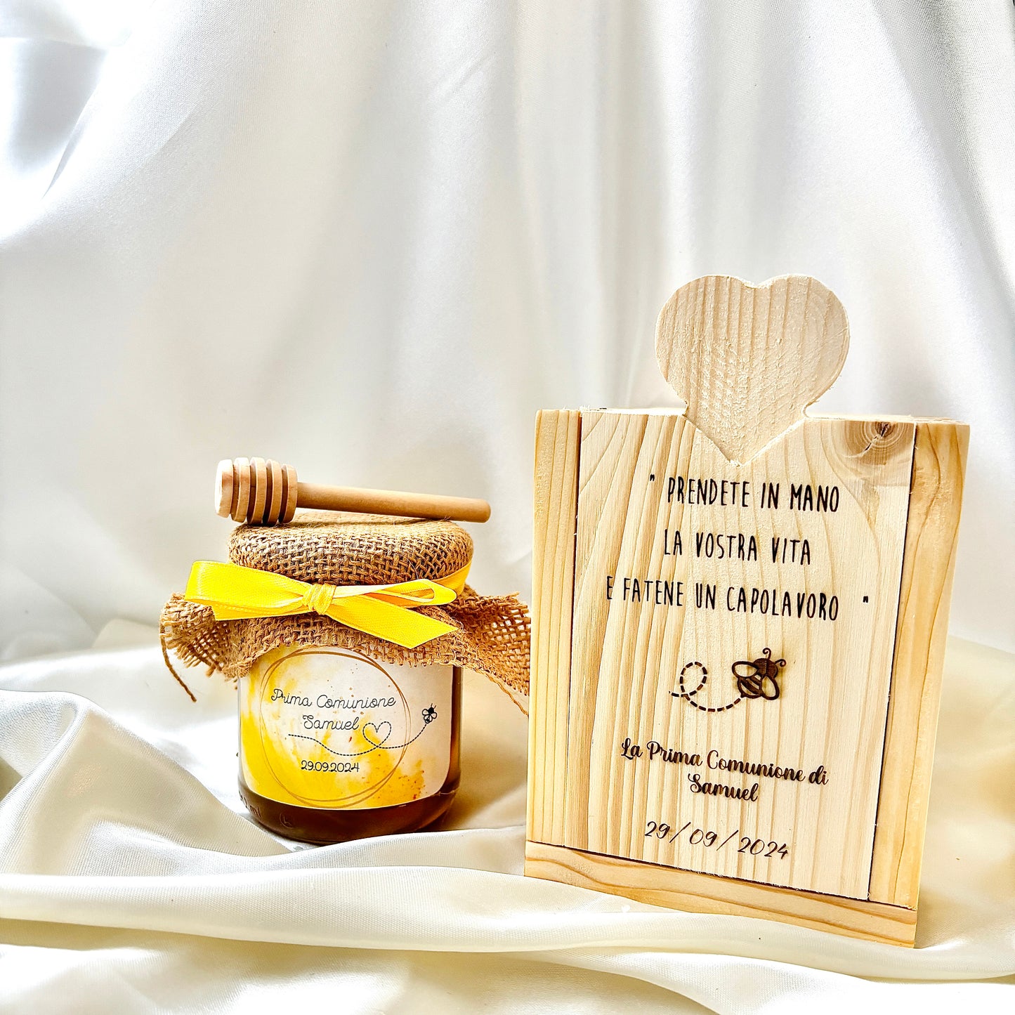 Wooden Box for Baptism Jar of Millefiori Honey - Acacia - Chestnut handcrafted 250gr