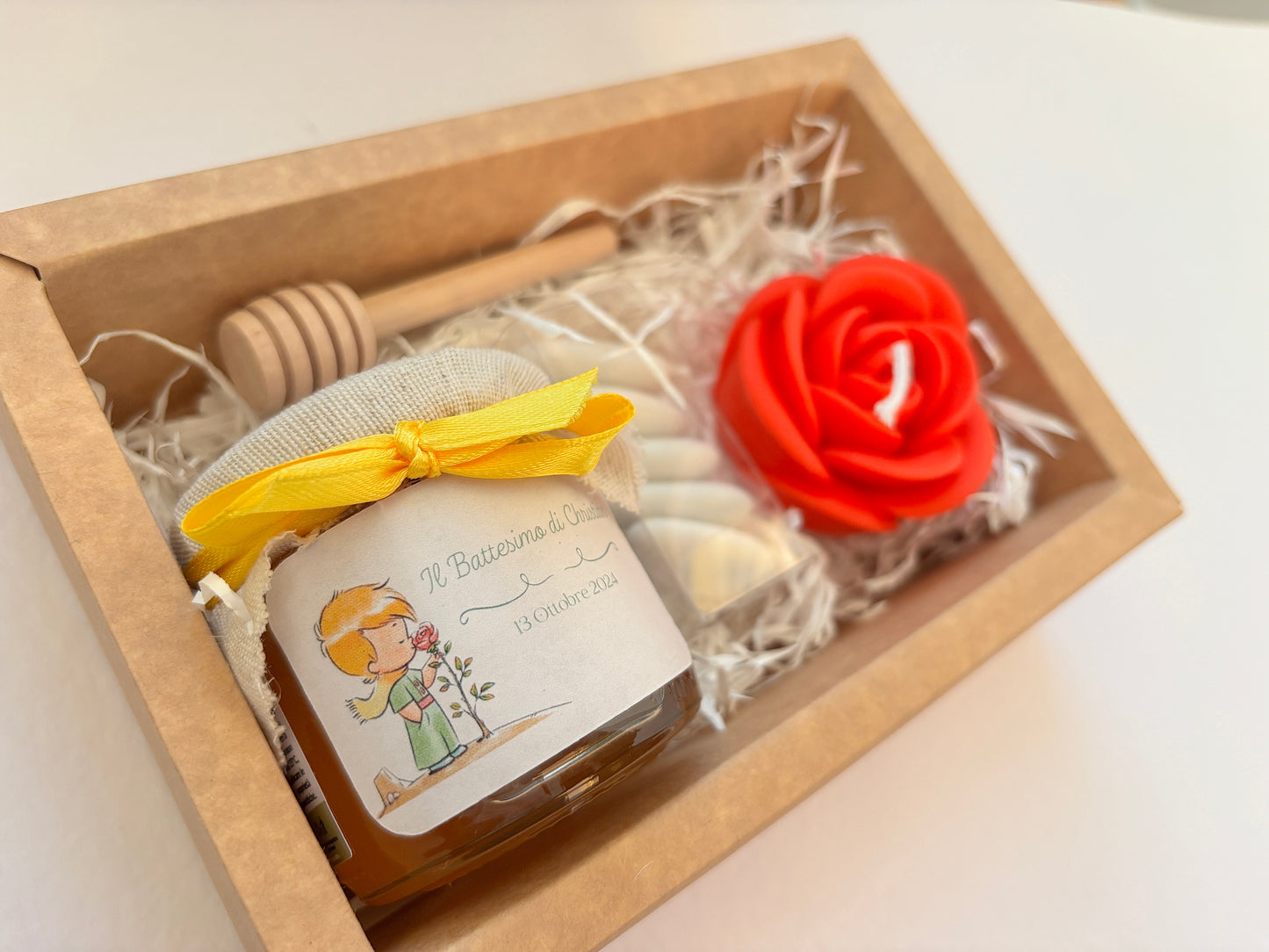 Baptism favor Little Prince themed box with 140g honey and scented cloud candle or essence burning wafers