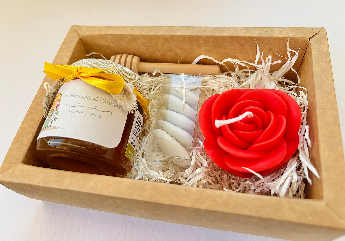Bomboniera Battesimo cofanetto a tema Piccolo Principe con Miele 140 gr e Candela nuvola profumata o cialde brucia essenza