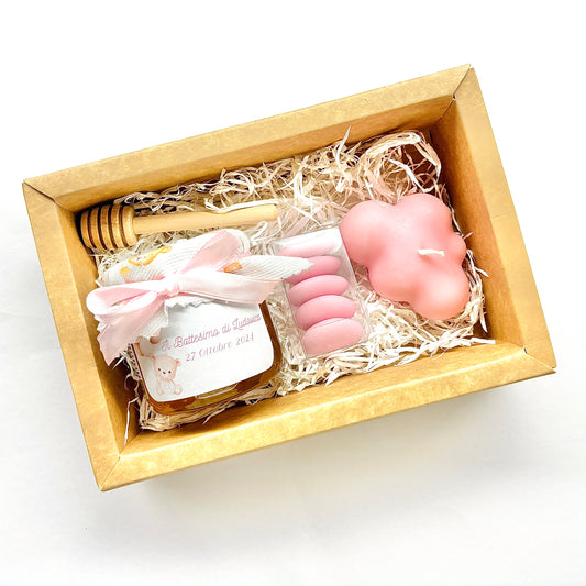 Baptism favor box with 140 gr honey and scented cloud candle