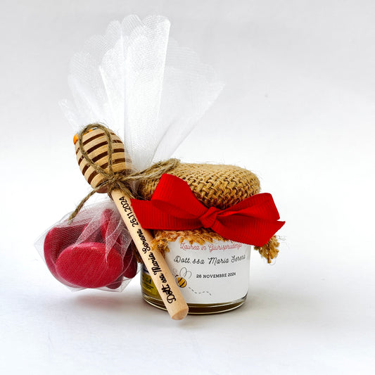 Graduation Favor Jar of artisanal wildflower honey 50 gr-140gr, red color, customizable label