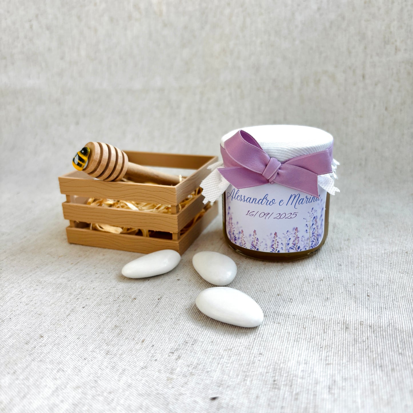 Wedding Favor Jar of artisanal wildflower honey 50 gr-140gr-250 gr, gold and pink color, customizable label