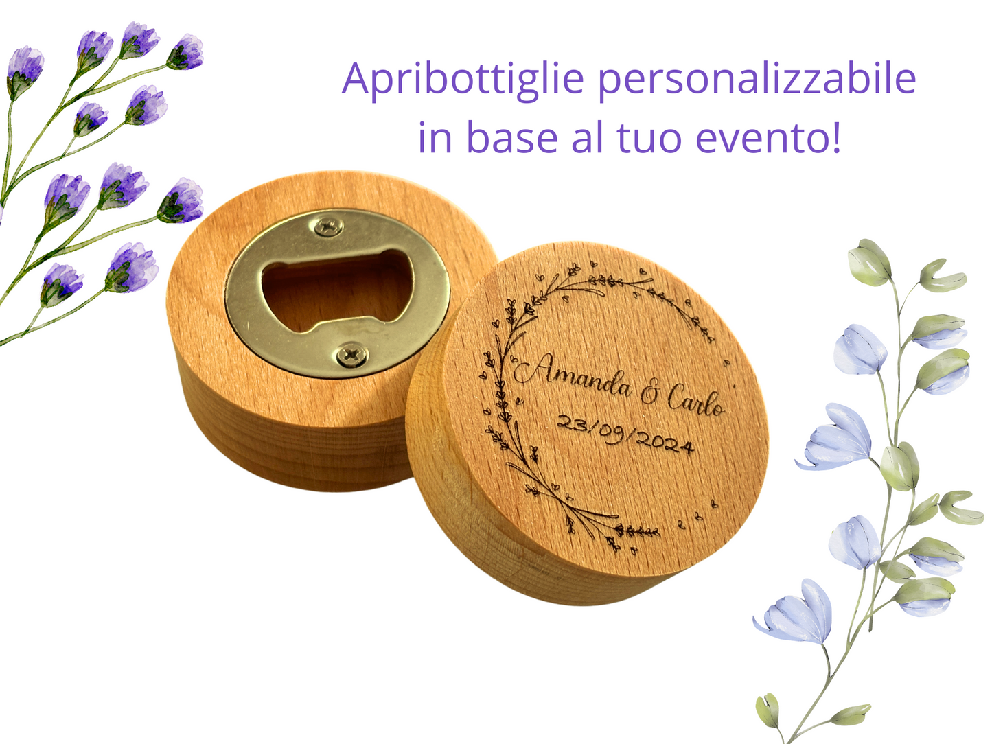 Bomboniera apribottiglia rotondo in legno di Faggio personalizzabile