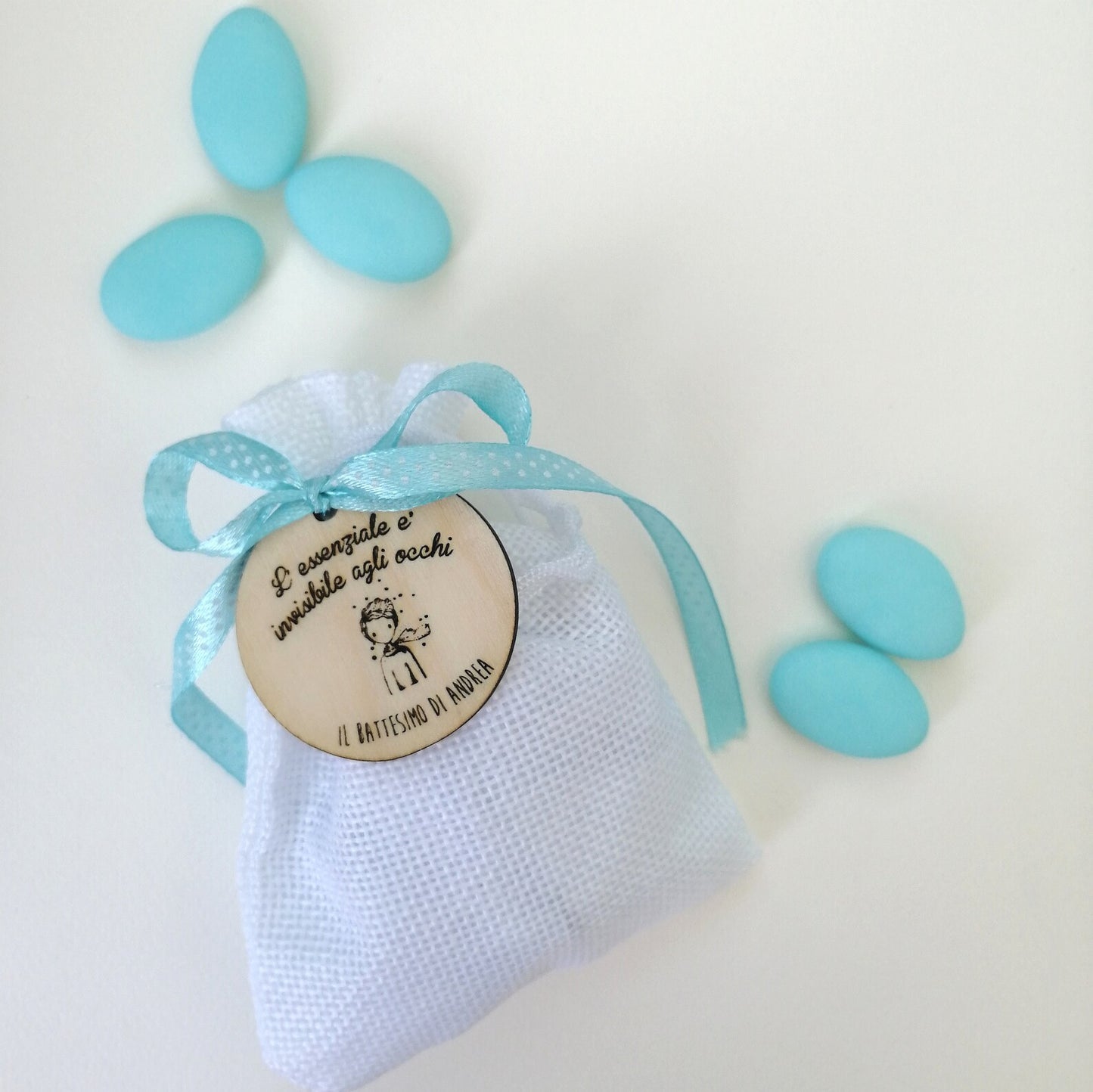 Confetti bag for Birth and Baptism with personalized wooden tag, handcrafted Little Prince favor