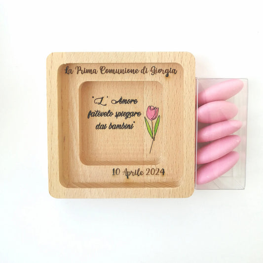 Bomboniera Prima Comunione bambina, quadretto in legno di Faggio, incisione personalizzata